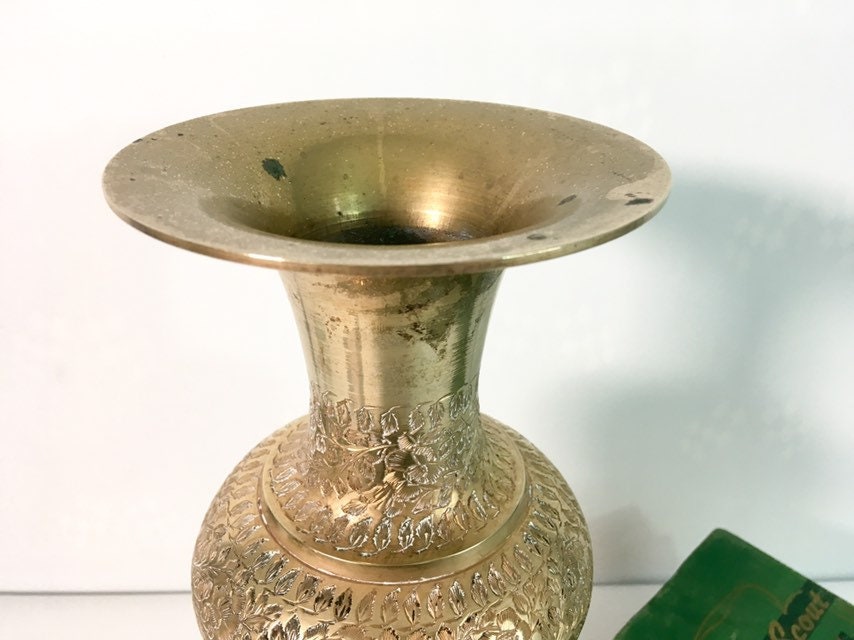Vintage Tall Brass Vase With Embossed Floral / Leaf Design Heavy