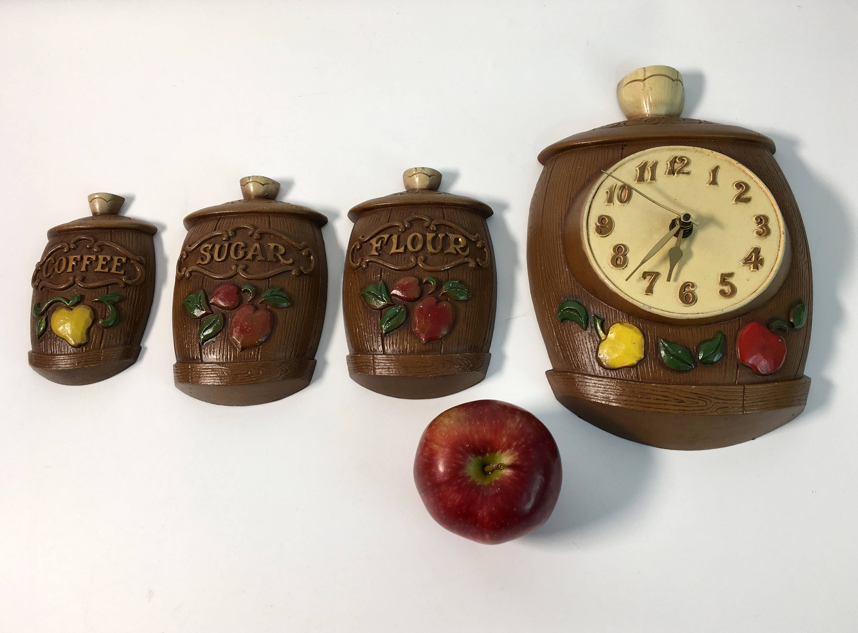 Vintage Sexton Kitchen Clock Set Metal Wall Decor 5 Piece Set Brown