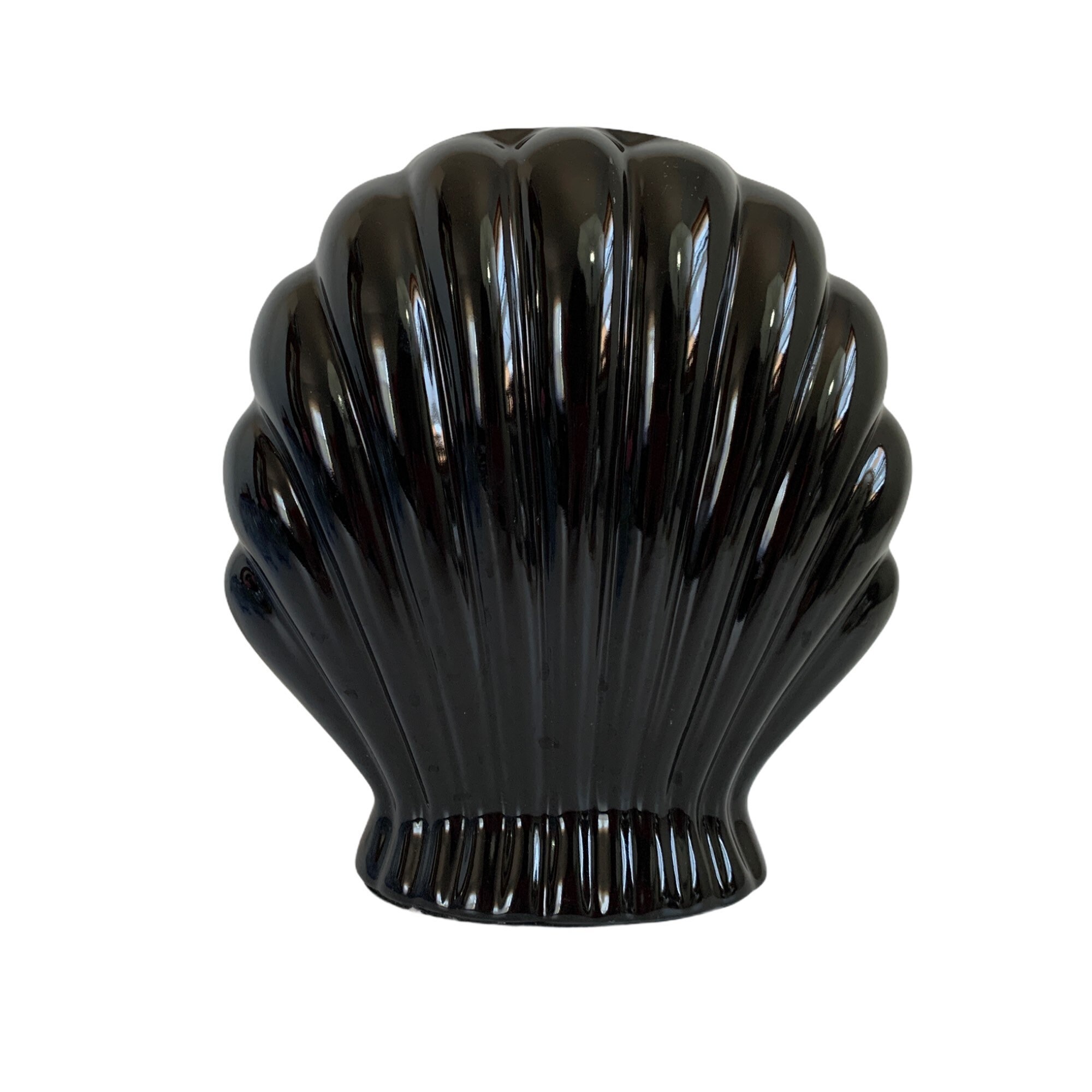 Vintage Black Ceramic Vase Mid century Retro Clam Shell Shape Pottery