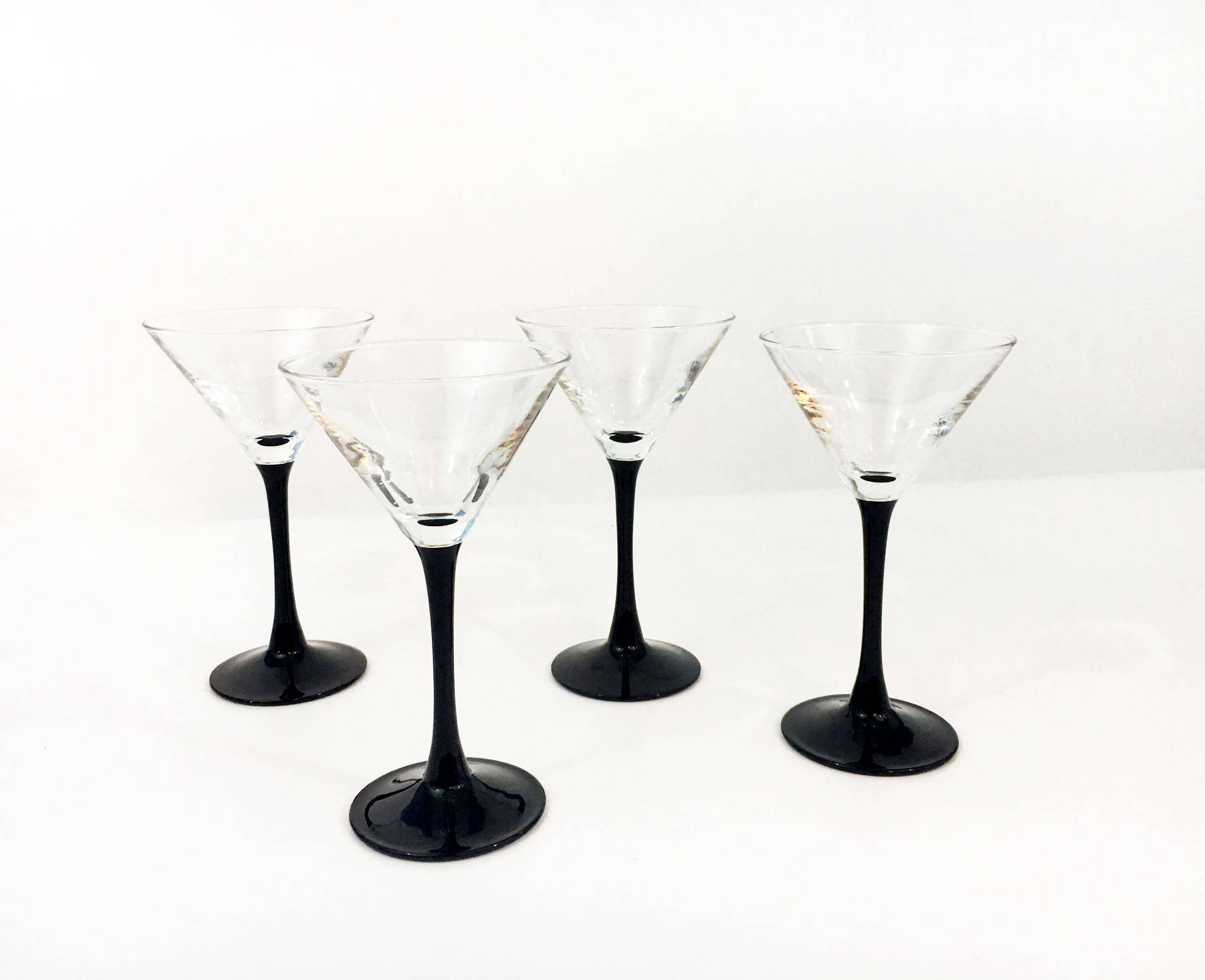 Vintage Set of 4 Luminarc France Black Stemmed Cocktail Martini Glasses