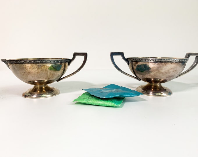 Vintage Art Deco Silver Plate Sugar & Creamer  - Benedict Hallmark Stamp - Unique Handles  - Home and Kitchen Decor Serving