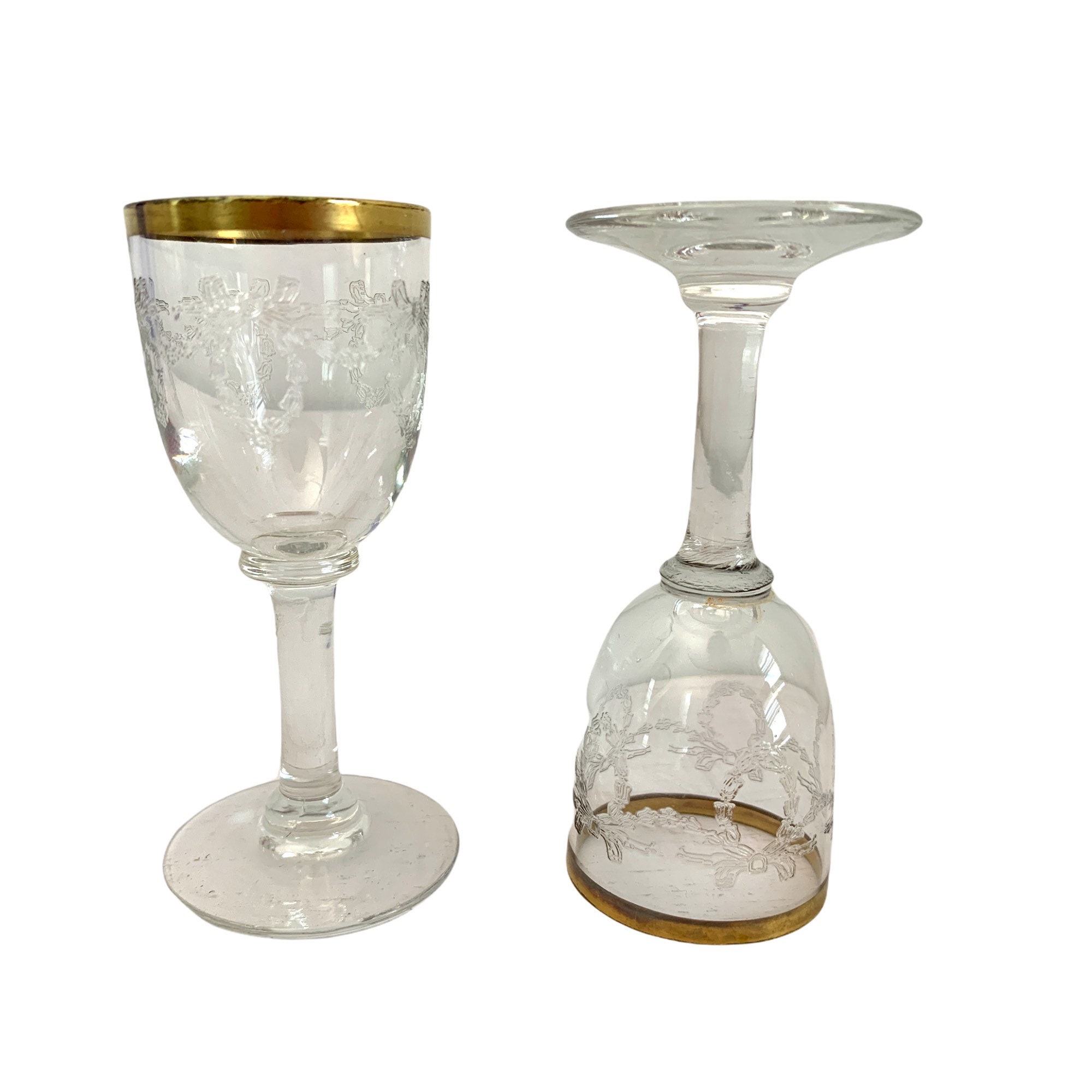 4 Vintage Gold Rimmed Cordial / Liquor Glasses w/ Garland & Bow