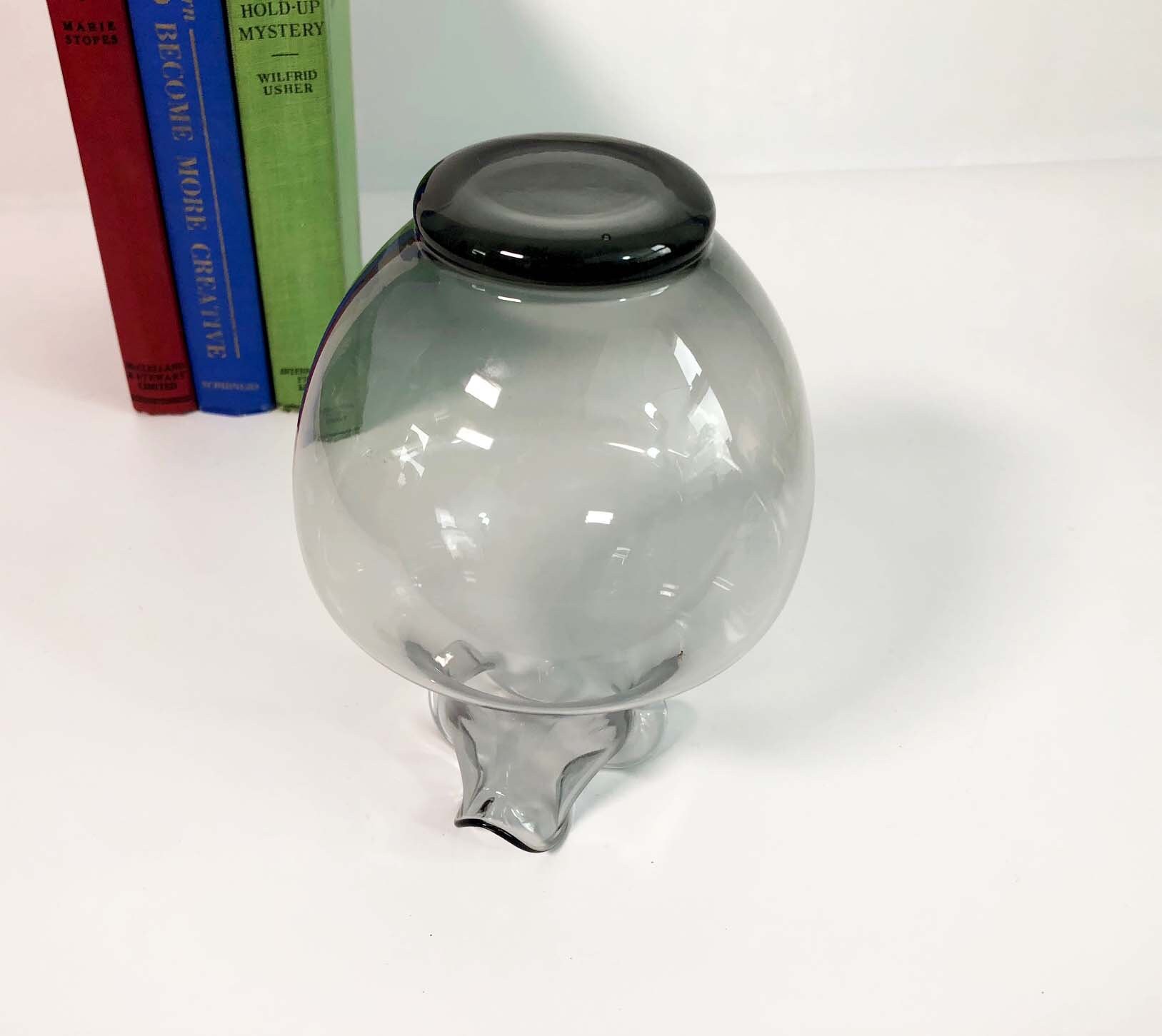 Vintage Smoky Grey Ruffled Art Glass Vase Hand Blown Modern Shaped