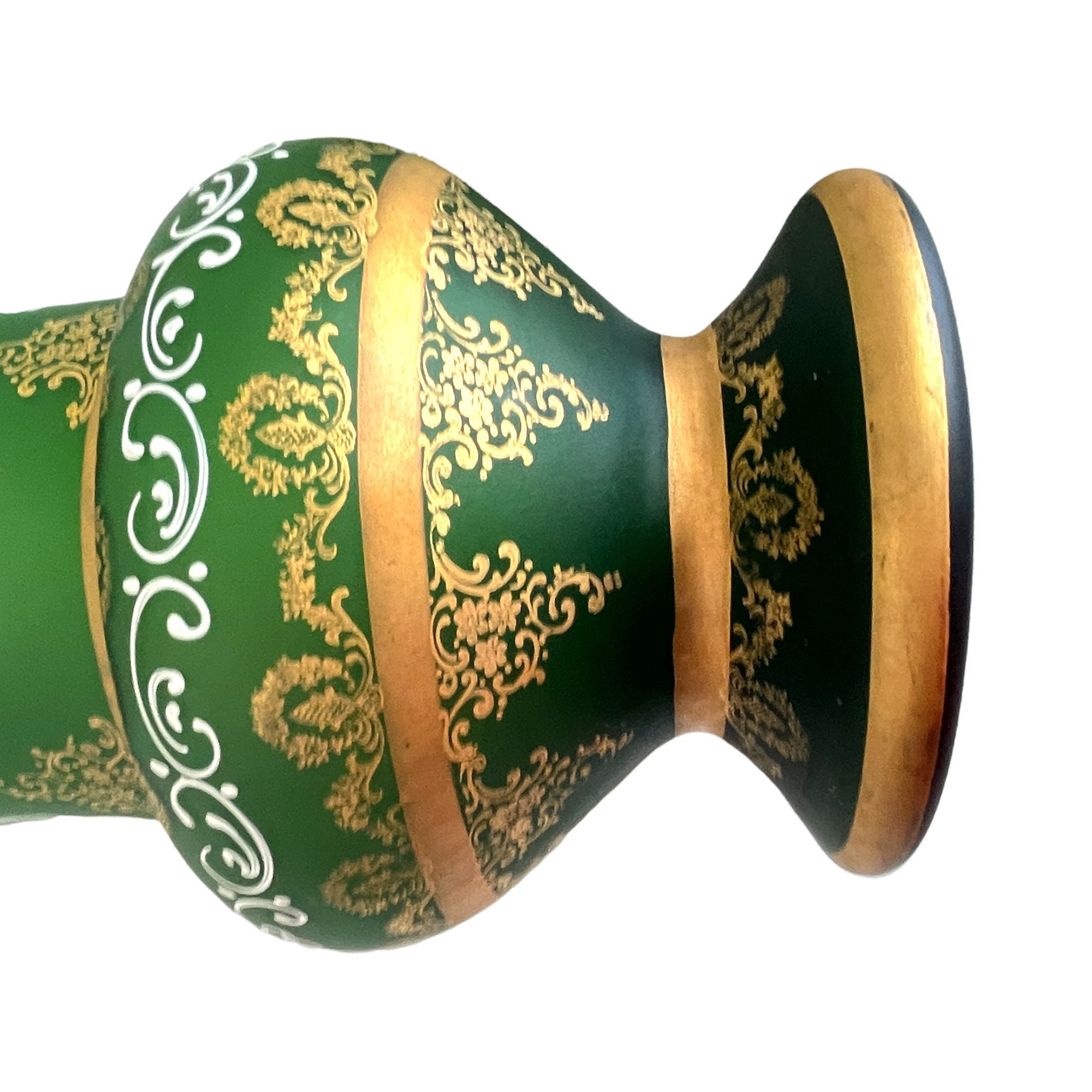 Extra Large Art Glass Vase Vintage Green Painted Glass Vase w/ Gold