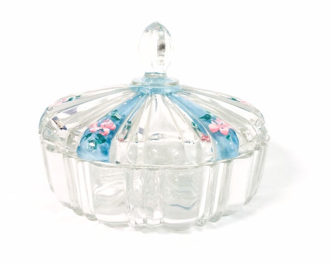 Vintage Hand Painted Clear Glass Jar w/ Lid - Retro Ribbed Jar w/ Knob on Lid Pink Flowers & Turquoise