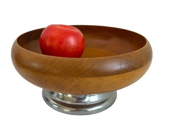 Vintage Round Wooden Bowl w/ Metal Chrome Base - Mid century Centerpiece Country Farm Cottage Chic - Wood Fruit / Vegetable Bowl