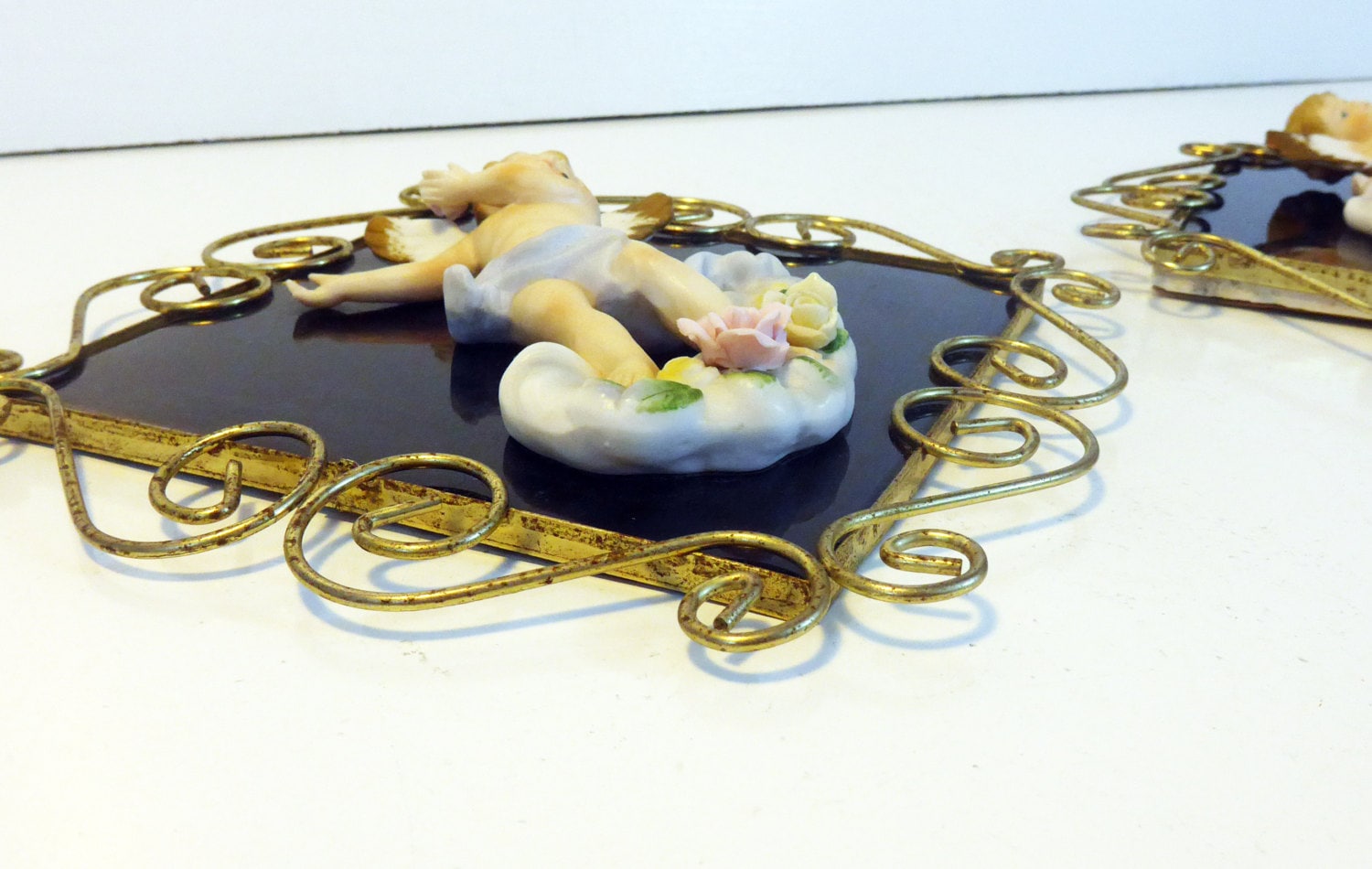 2 Vintage Wall Decor Ceramic Angels on Tile w/ Wire Trim Pair Mid