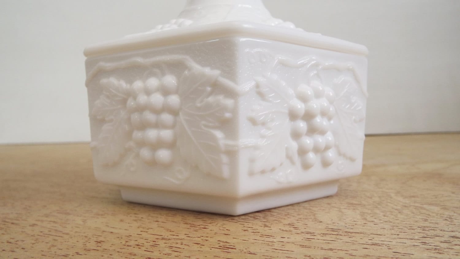 Vintage Imperial Milk Glass Candy Dish with Lid White, Grape Vine Motif with Leaves Hexagon