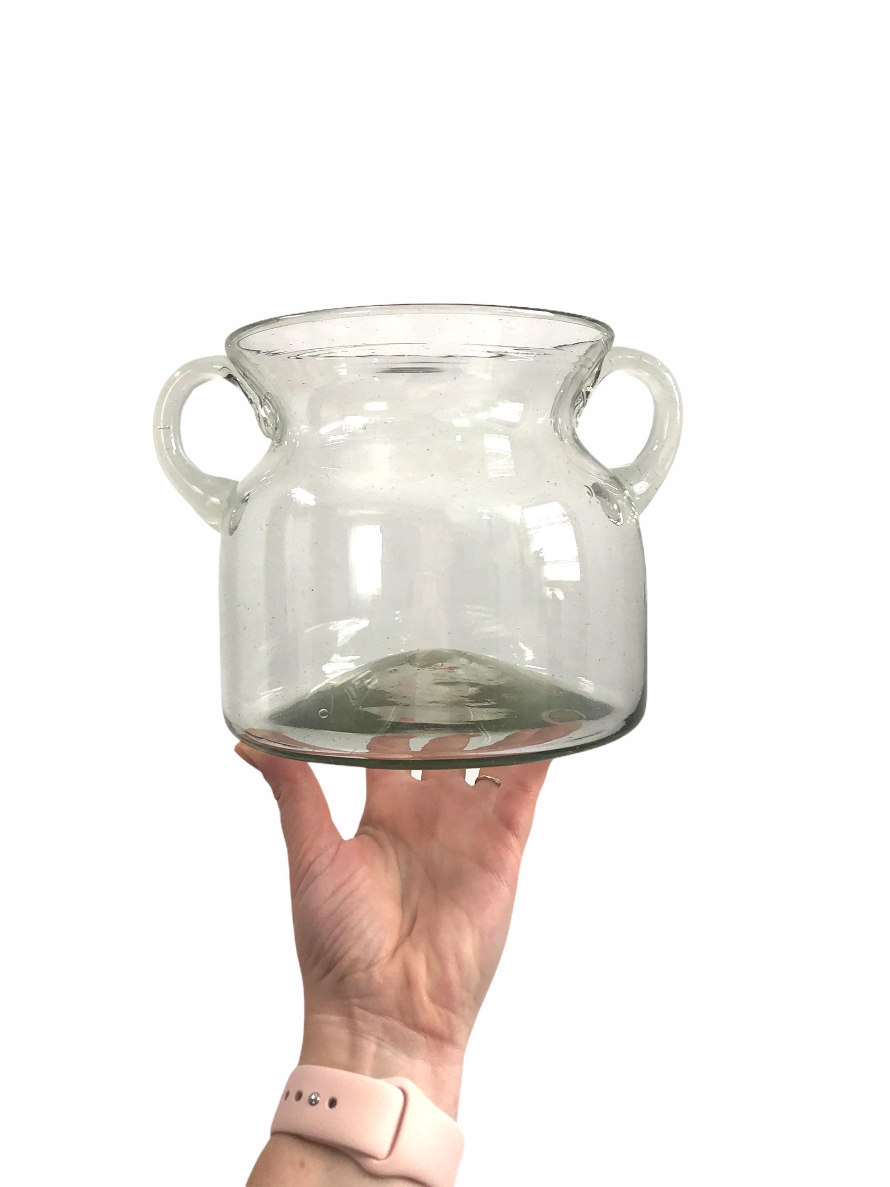 LARGE Vintage Art Glass Vase Handblown Bubble Glass Smoky Grey with Handles Hand blown Glass