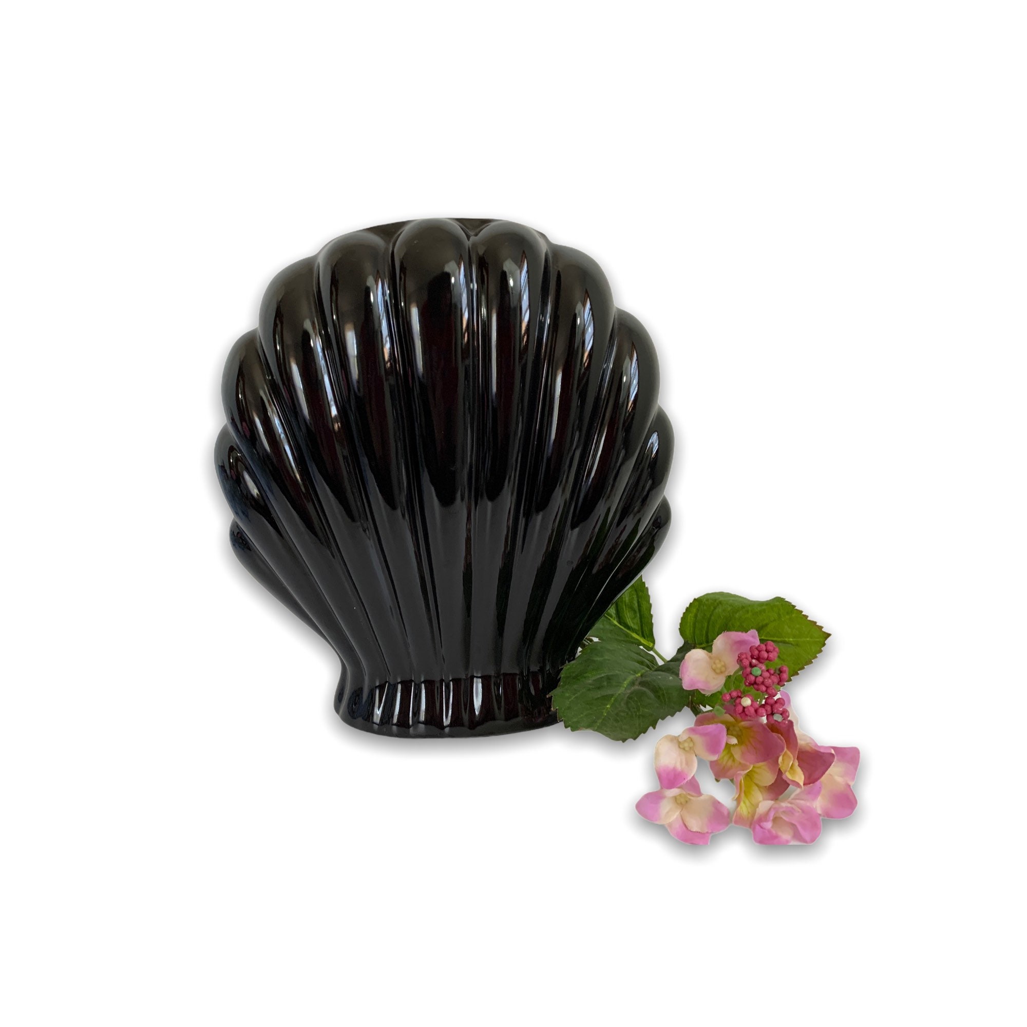 Vintage Black Ceramic Vase Mid century Retro Clam Shell Shape Pottery