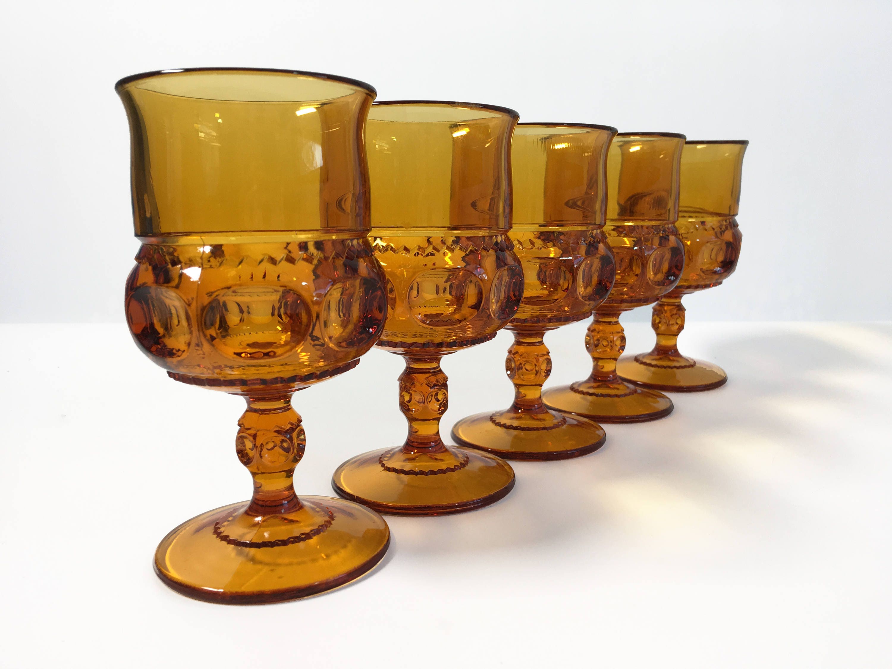 5 Vintage Amber Glass Wine Water Glasses Decorative Sides & Stems w