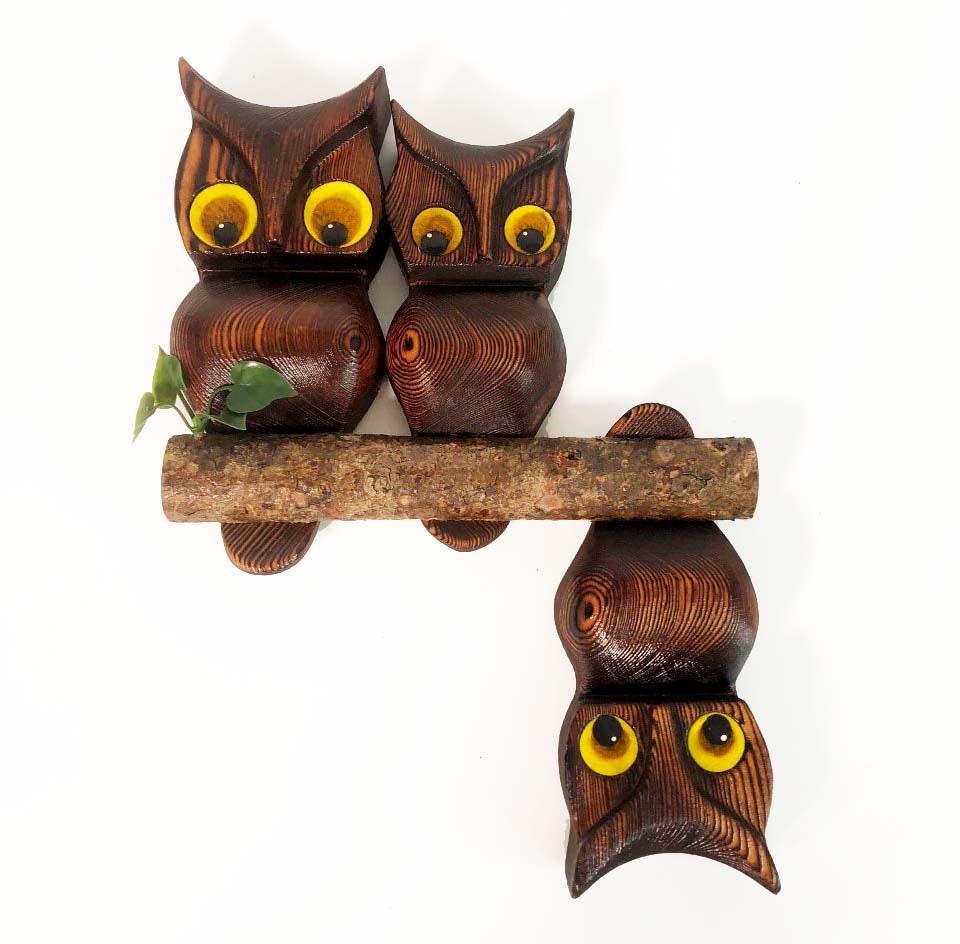 Vintage Wood Owl Green Mountain Wooden 1970s Wall Hanging Kitsch