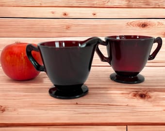 Vintage Royal Ruby Footed Sugar & Creamer by Anchor Hocking Red Depression Glass Creamer w/ Ornate Handles - Retro Kitchen Serving Display