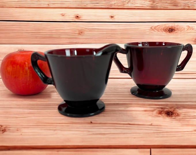Vintage Royal Ruby Footed Sugar & Creamer by Anchor Hocking Red Depression Glass Creamer w/ Ornate Handles - Retro Kitchen Serving Display