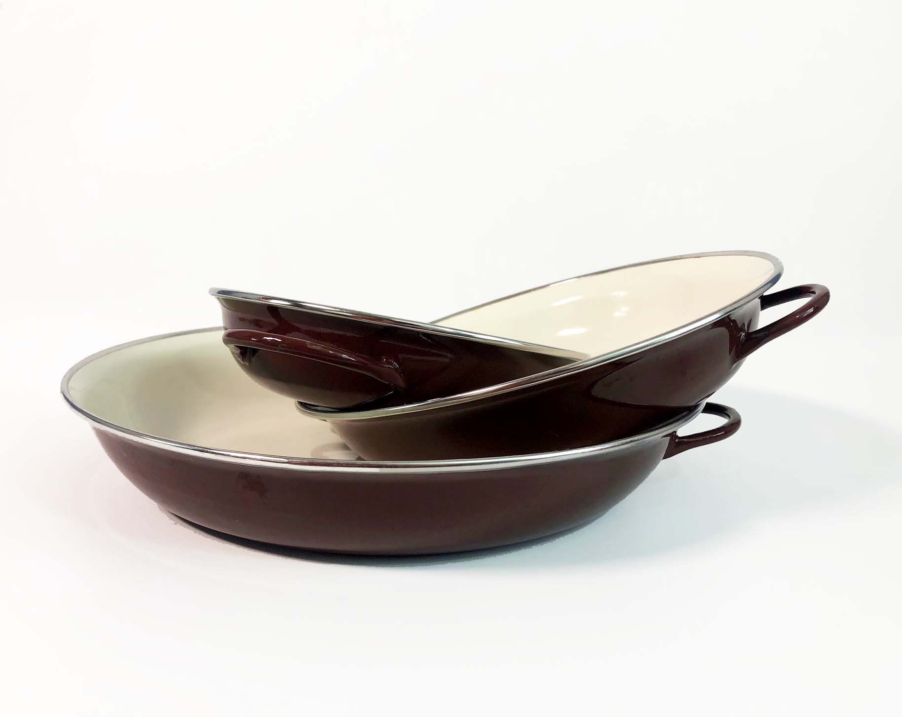 Vintage Enamelware Serving Bowls Handled Nesting Brown/Tan or Cream