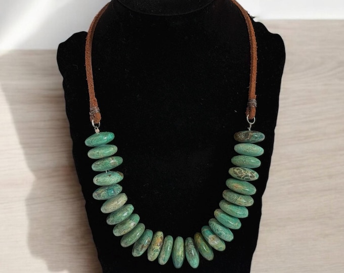 Retro Varasite Bead Necklace - 18” Vintage Round Disc Beads Leather Cord & Sterling Silver S Hook Closure - Retro Boho Mod - Estate Jewelry