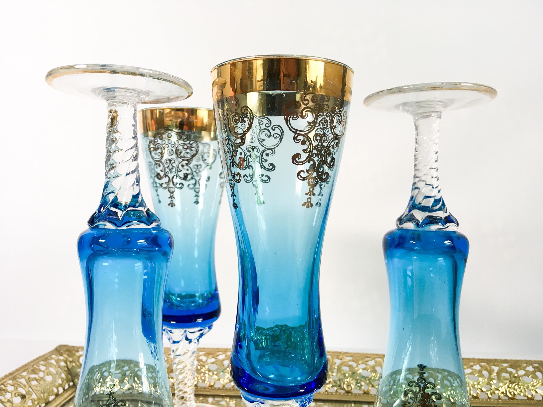 Vintage Set of 4 Blue & Gold Glasses w/ Twisted Stems Barware Serving