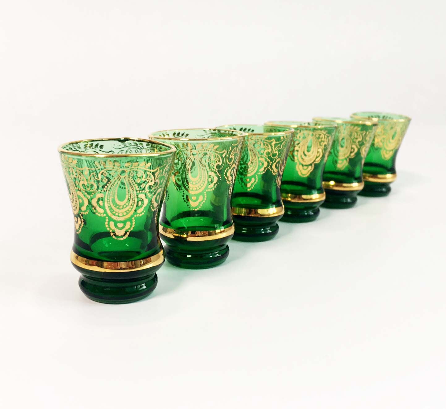 Vintage Set of 6 Shot Glasses Green Glass Gold Paint Gold Rim