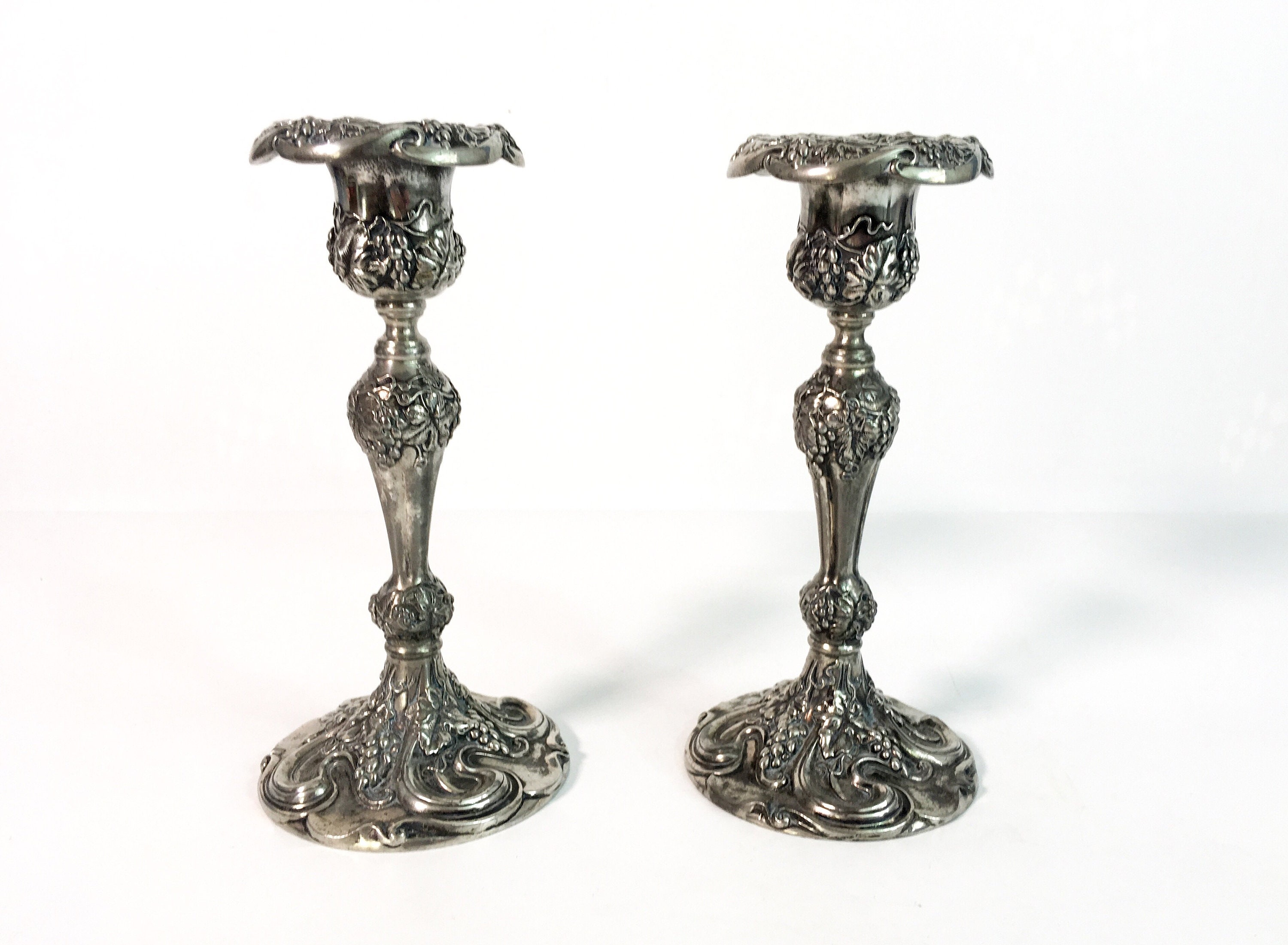 Pair Antique Superior Silver Co. 2 Candlestick Holders Ornate Grape