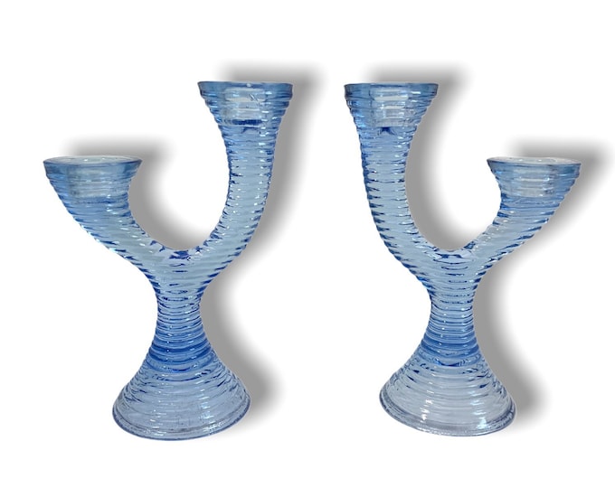 2 Vintage Blue Glass Candlestick Holders Beehive Design - Pair Retro Double Candle Holders w/Round Bases - Home Decor