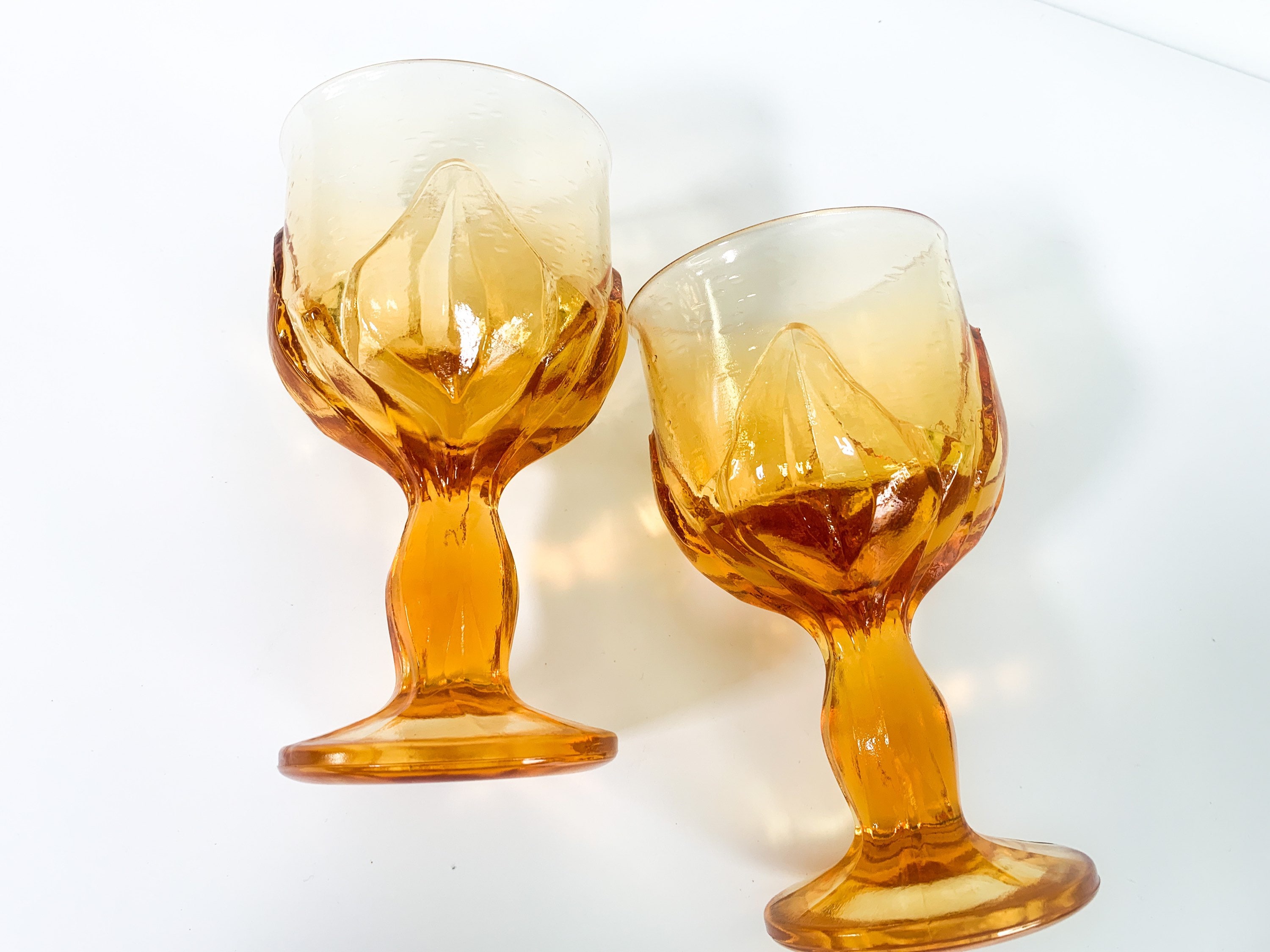 Pair Heavy Amber Vintage Pressed Glass Water Goblets w/ Petal Design