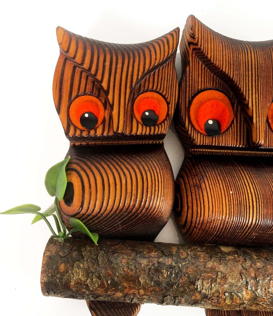 Vintage Wood Owl Green Mountain Wooden 1970s Wall Hanging Kitsch