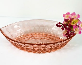Windsor Pink Depression Glass Bowl by Jeanette - Marquis Shape & Cube Pattern - Vintage Retro Kitchen Dining Home Decor or Centerpiece