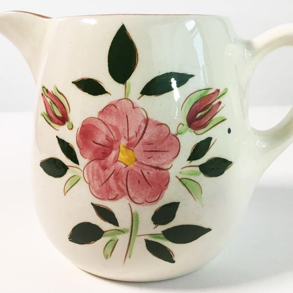 Mid Century Stangl Wild Rose 24 Oz Pitcher -  Vintage Kitchenware Pottery - Retro Serving White w/ Pink Flowers