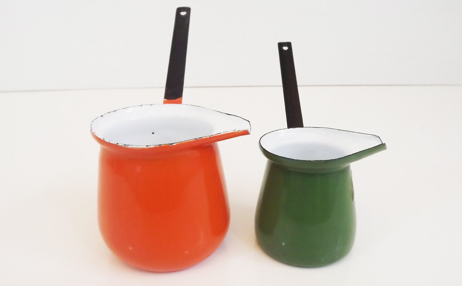 Vintage Enamel Ladel Set / Turkish Coffee Pots with Pourer Large