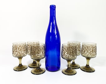 Set of 6 Prado Libbey Tawny w/ Scrolls Wine Glasses - Six Vintage Libbey Brown Wine Glasses