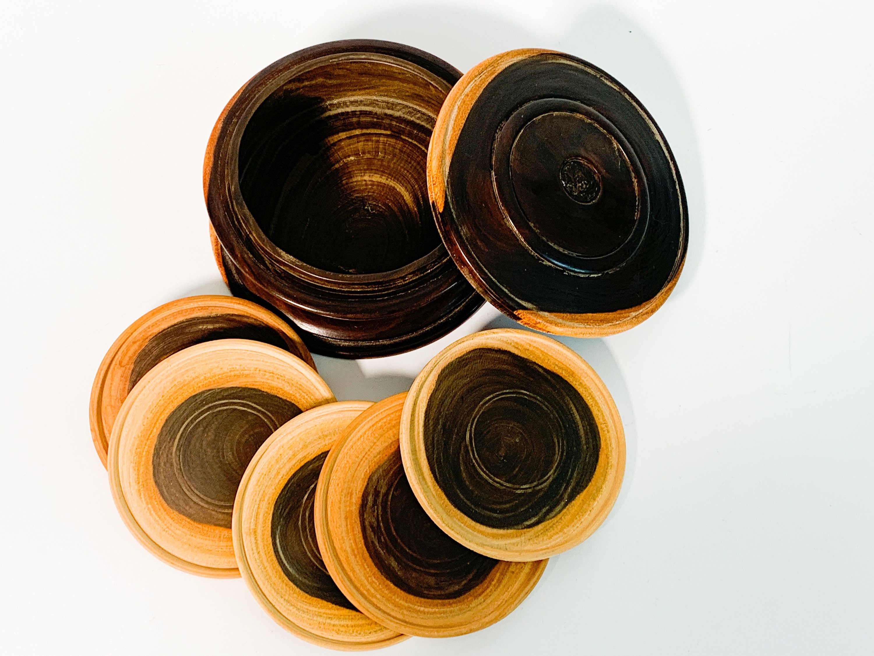 Vintage Set 5 Carved Ebony Coasters in Round Wooden Box w/Lid Cottage