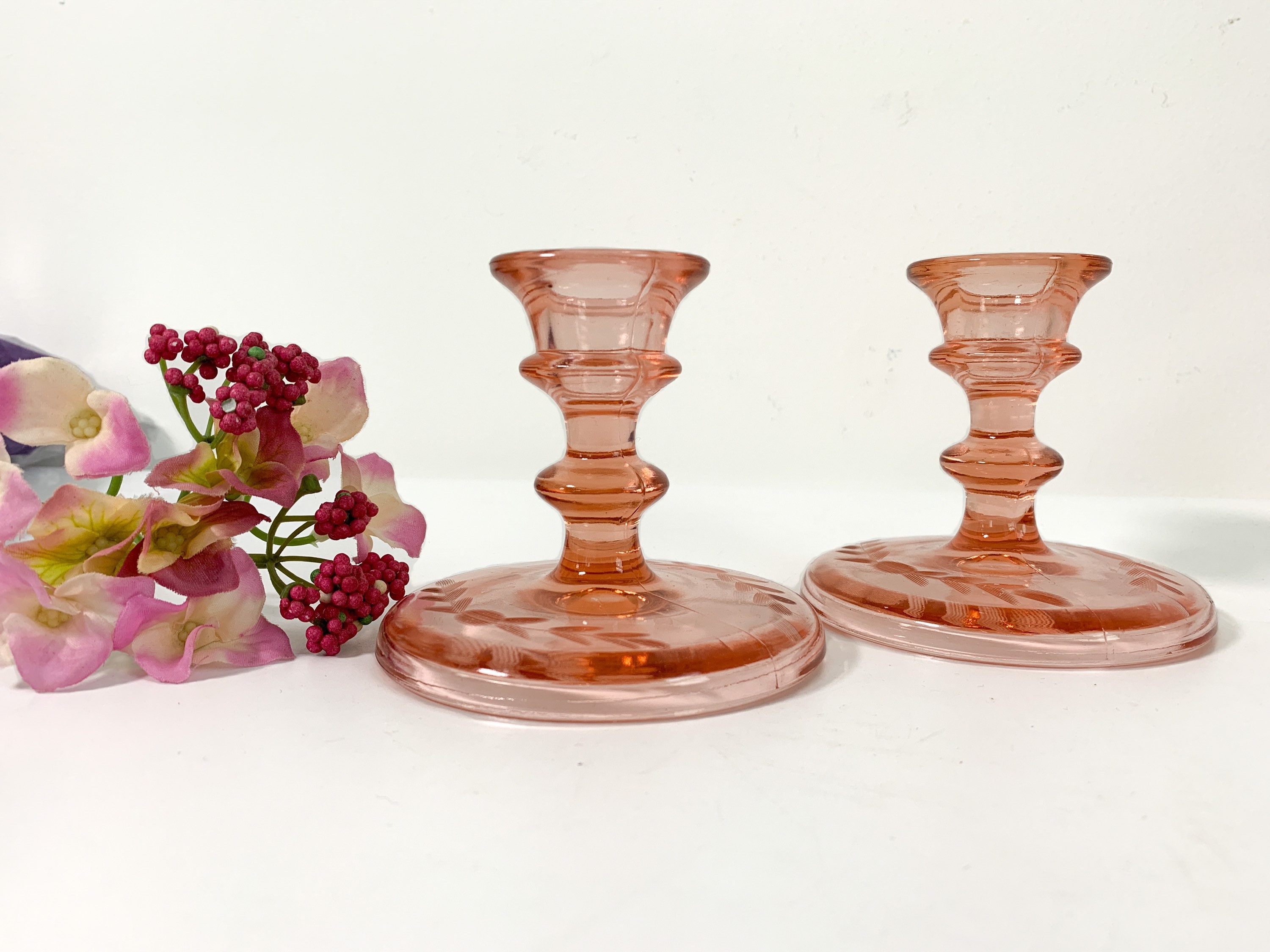 2 Vintage Etched Pink Depression Glass Candlestick Holders Pair Retro