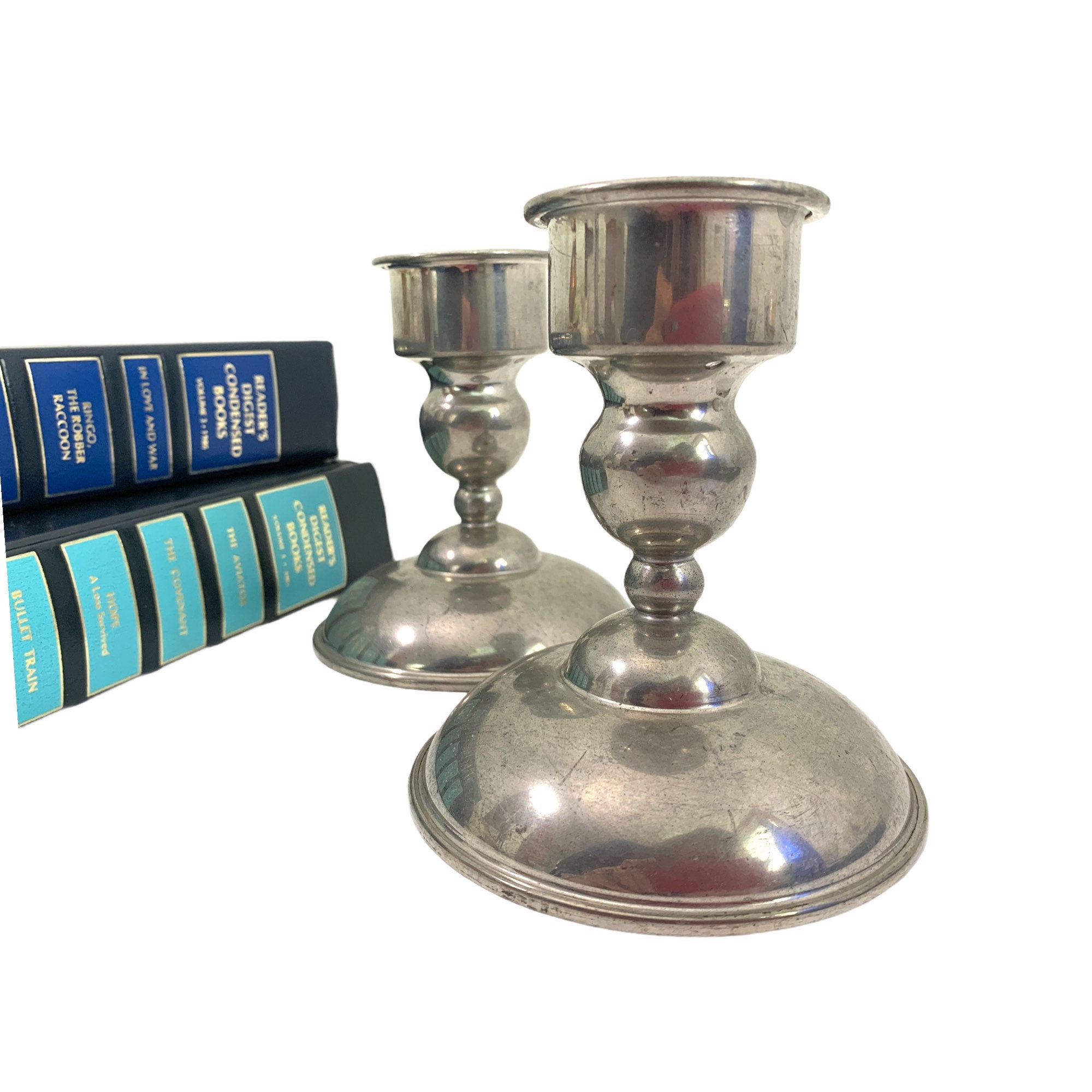 Pair Vintage Hanle & Debler Pewter Weighted Candle Holders 2 Two Candlestick Holders Retro