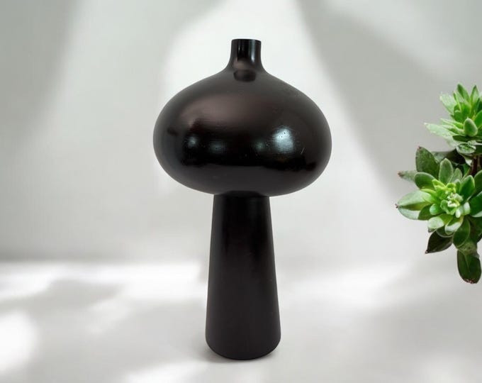 Mango Wood Vase - Tall Unique Dark Stained Vintage Wooden Centerpiece Home Decor - Tall w/ Mod Boho Design Round Wooden Top Graduated Base