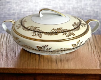 Vintage Japanese Noritake Round Lidded Vegetable Dish ca 1930s - Coupe Pattern - Serving Covered Dish w/ Black Band & Gold Flowers
