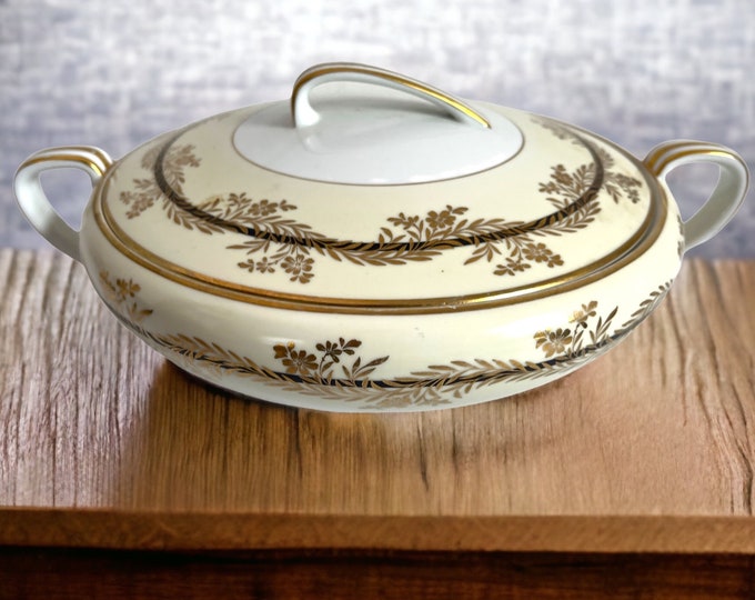 Vintage Japanese Noritake Round Lidded Vegetable Dish ca 1930s - Coupe Pattern - Serving Covered Dish w/ Black Band & Gold Flowers