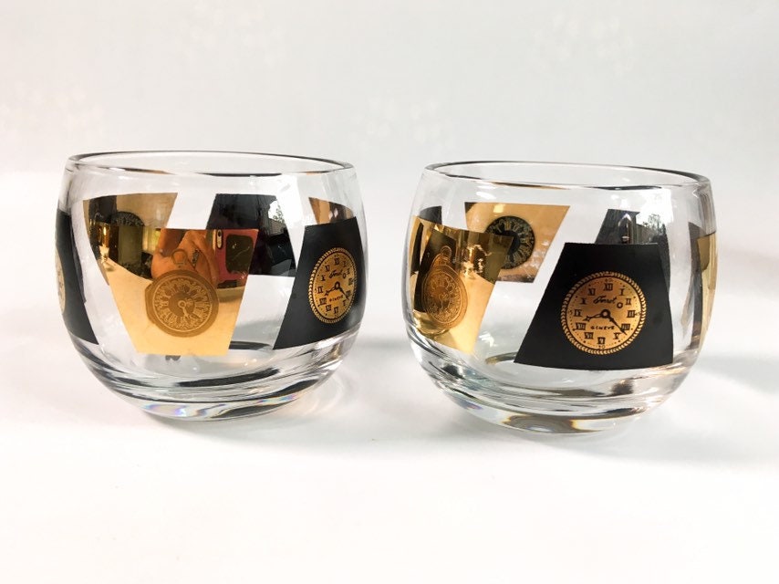 Pair of 2 Mid century Large Roly Poly Glasses Black & Gold w/ Clocks -  Vintage / Retro Cocktail Modern Drinkware Time Motiff