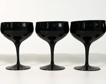 Vintage Black Stemmed Champagne Glasses - Set of 3 Mod Toasting Coupes