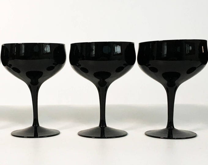 Vintage Set of 3 Black Stemmed Champagne Glasses - Mod Shaped Toasting Champagne Glasses - Mod Serving Entertaining Wedding Basic Black