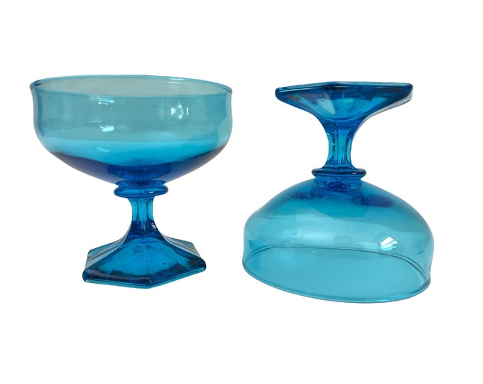 2 Vintage Flair Blue Coupe or Sherbet  Glasses by Anchor Hocking - Set of Two Stemware Retro - Pair Barware Elegant Glassware