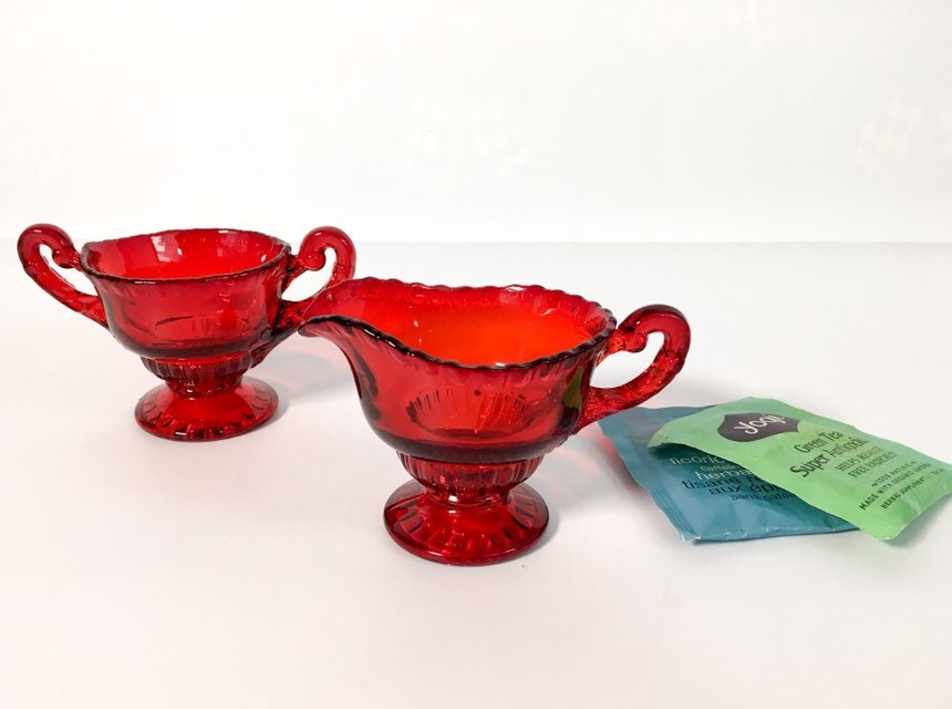 Ruby Red Depression Glass Sugar and Creamer Set Vintage 1950's Kitchen  Glassware Set of Two 