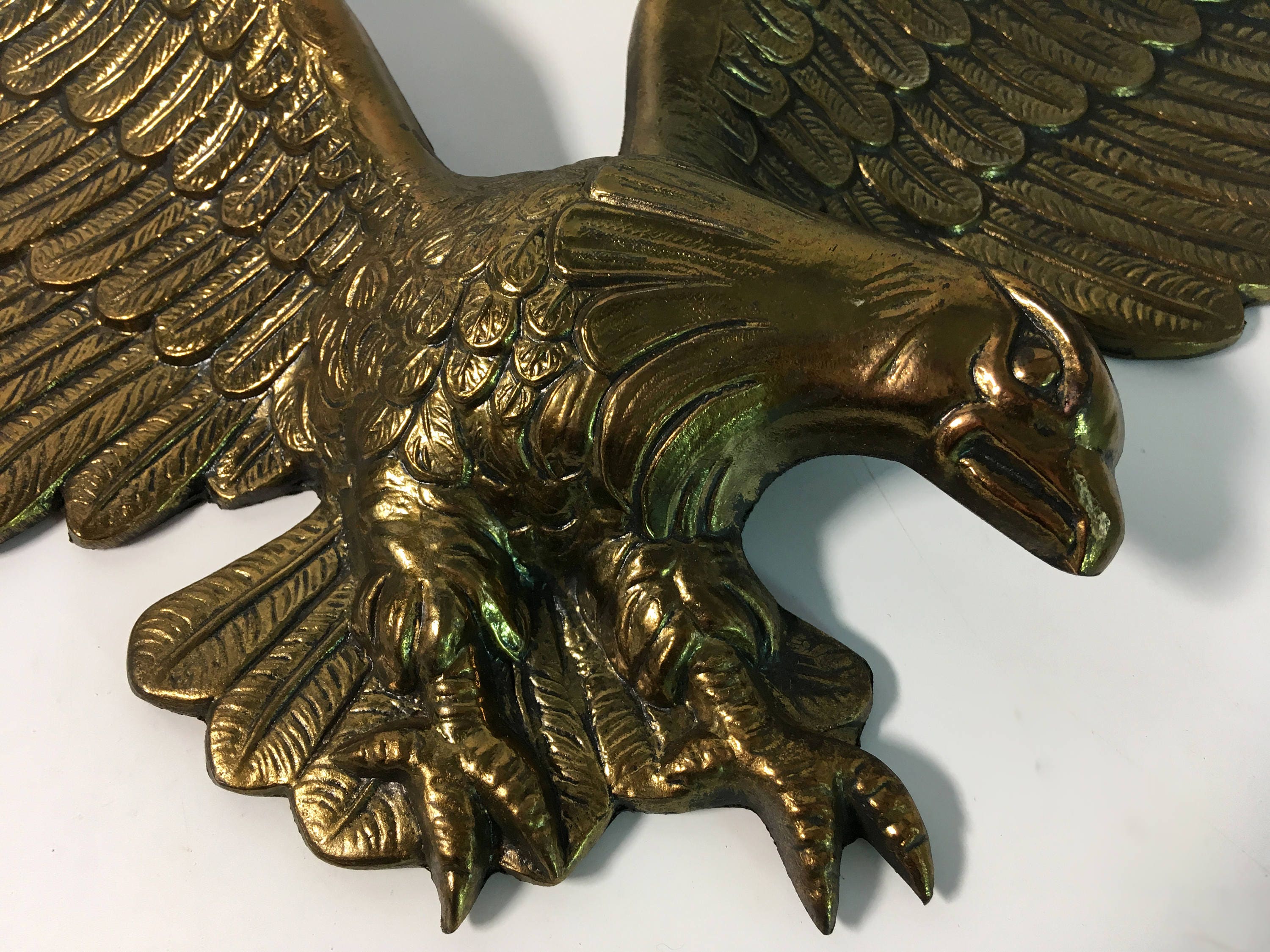 Vintage Large Brass Metal Eagle Wall Hanging Circa 1970s Federal Usa Patriotic Heavy Bald