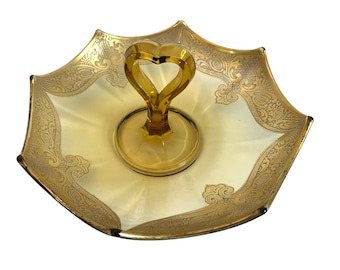 Vintage Center Handle Glass Tidbit Tray w/ Filigree Gold Trim - Retro Depression Glass Snack Serving Dish Ca mid century