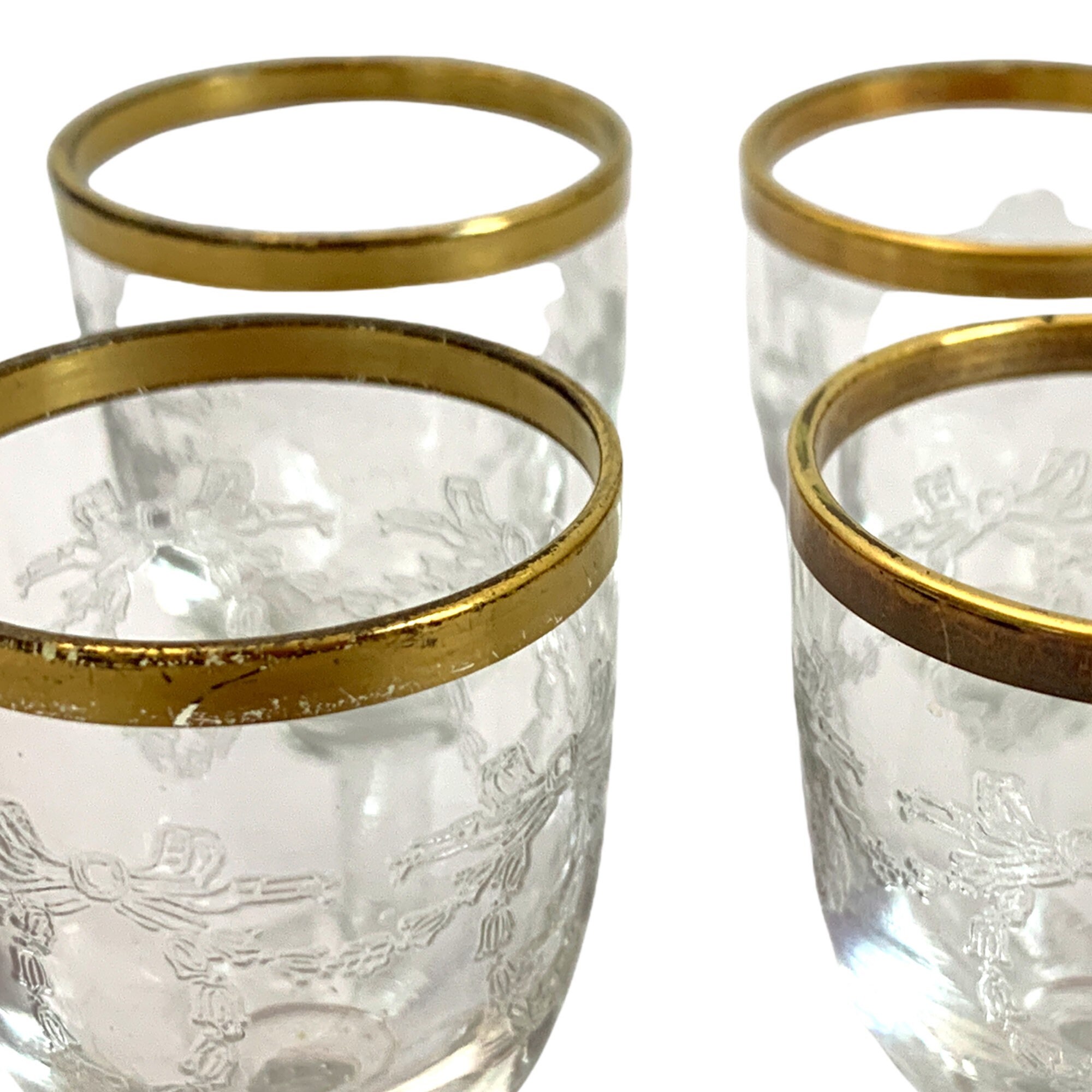 4 Vintage Gold Rimmed Cordial / Liquor Glasses w/ Garland & Bow
