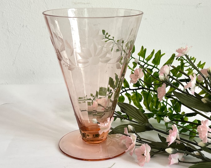 Vintage Single Pink Depression Iced Tea Glass Goblet - Retro Drinkware - Kitchen Etched Flower