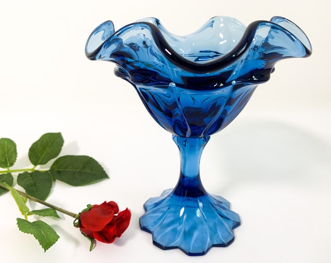 Vintage Fenton Glass Ruffled Blue Candy Compote - Glass Pedestal Dish Frilled Edges Scalloped Base Mid century Home Decor Housewarming Gift