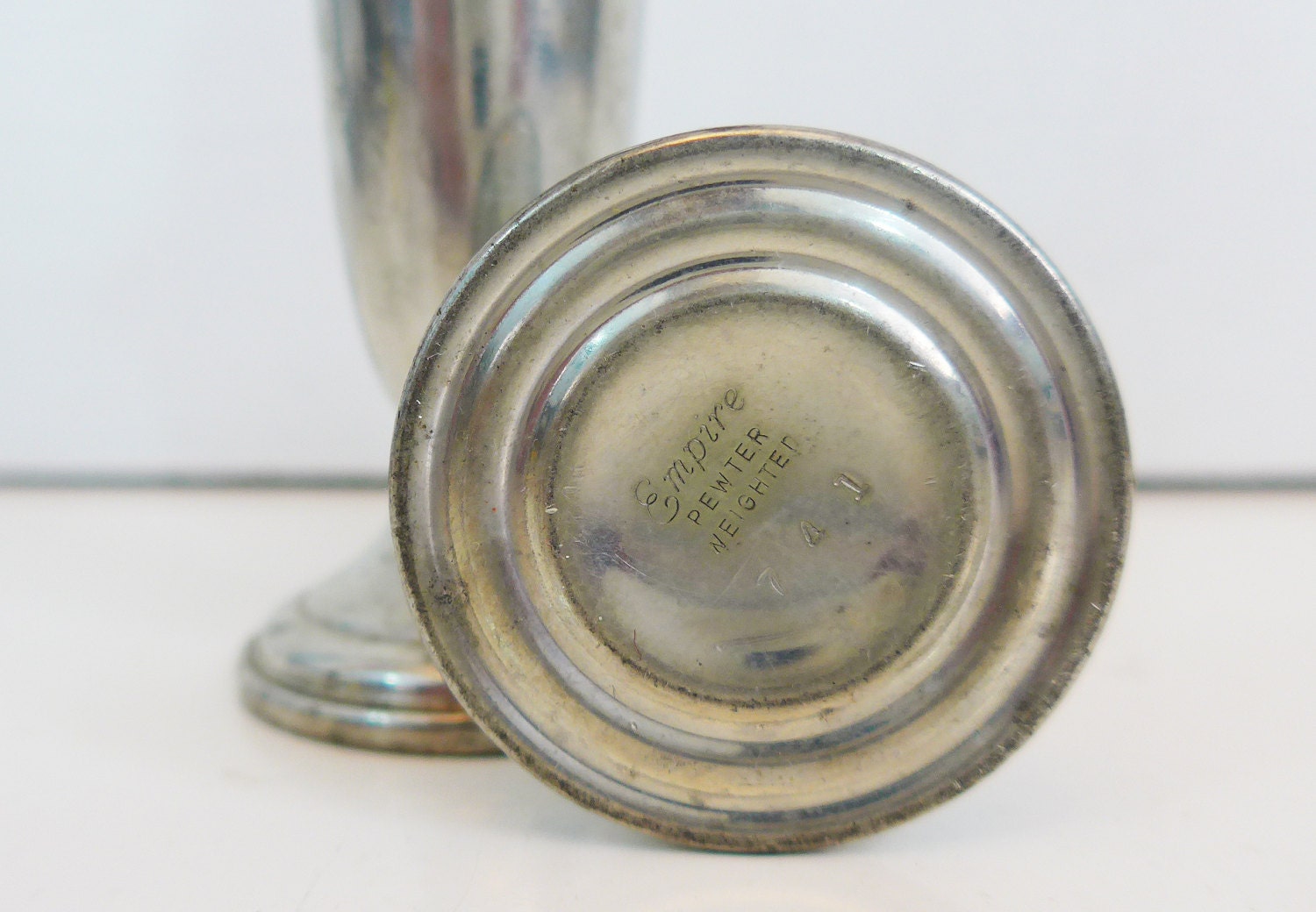 Beautiful Vintage Empire Pewter Salt & Pepper Shaker Set with Glass