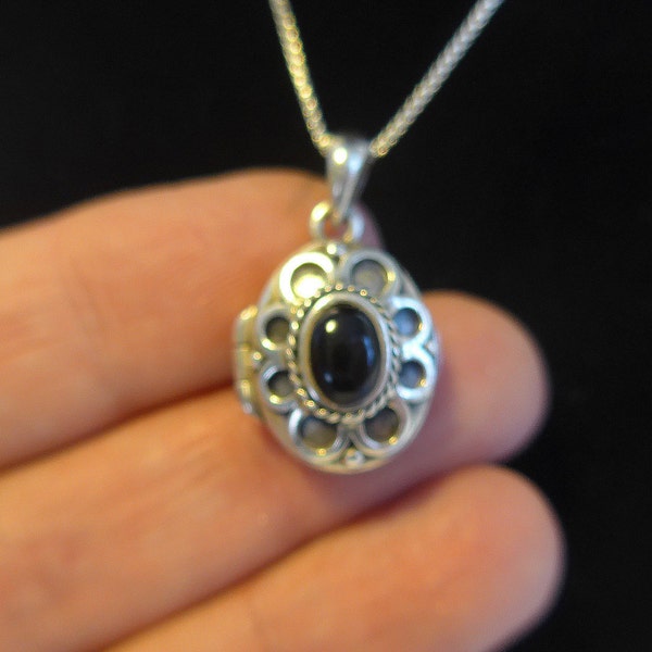 Vintage Sterling Silver Black Onyx Oval Locket - Oval Black Onyx Stone in Center w/ Ornate Flower Petal Design Pendant 925 Box Link Chain