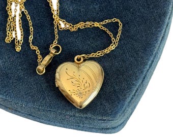 Vintage 12K Vermeil Heart Locket Necklace on 12K Gold Fill Chain - Etched Floral Retro Sweetheart Pendant - 2 Photo Wells - Gift Girl Woman