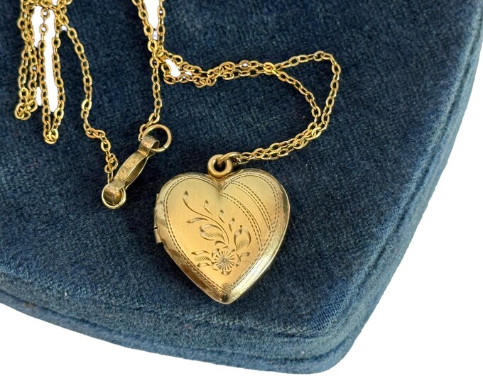 Vintage 12K Vermeil Heart Locket Necklace on 12K Gold Fill Chain - Etched Floral Retro Sweetheart Pendant - 2 Photo Wells - Gift Girl Woman